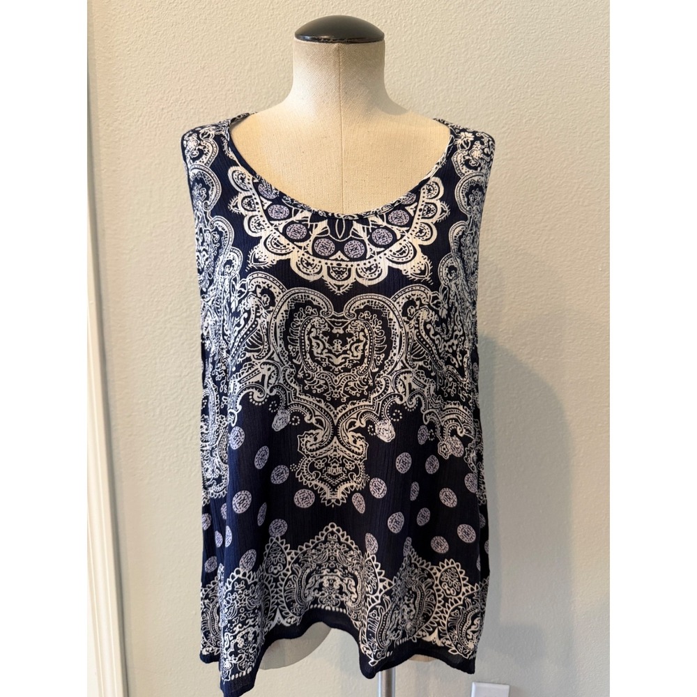 Lucy & Laurel Women's Medium Navy White Paisley Boho Racerback Tank Top 100% Ray
